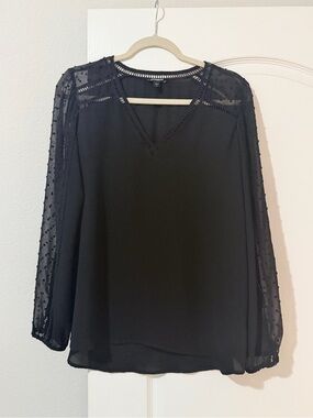 Express Black V-Neck Blouse with Sheer Dotted Sleeves